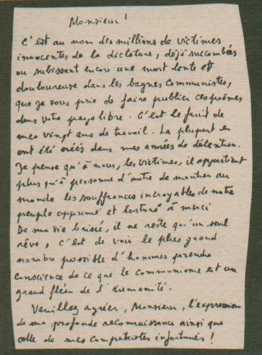 Lá thư bằng tiếng Pháp kèm bản thảo khi Nguyễn Chí Thiện đem tập thơ vào Sứ quán Anh ngày 16-7-1979
