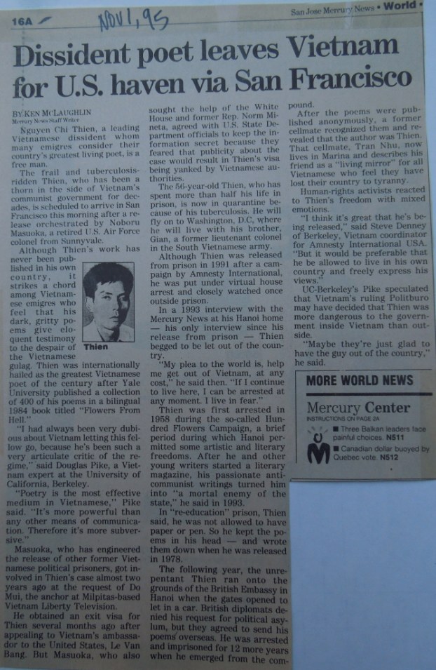 Báo San Jose Mercury News viết về Nguyễn Chí Thiện khi ông đến Hoa Kỳ tháng 11-1995